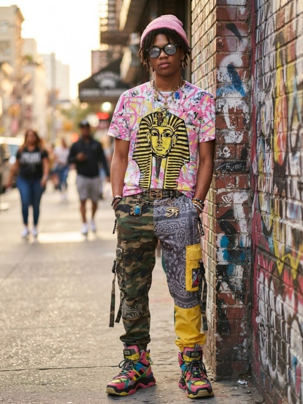 King Tut Pharaoh Graphic Print T-Shirt Pink Yellow Graffiti Streetwear Size L